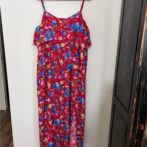 SHEIN Red Floral Dress with Blue and Green Print